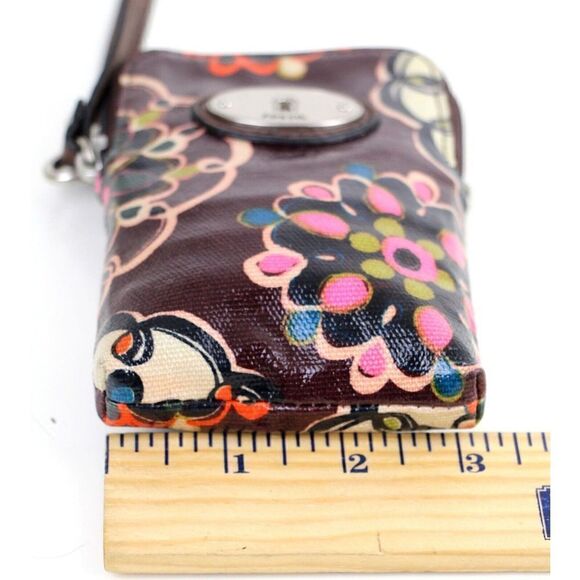 Fossil Key-Per COATED BROWN CANVAS FLORAL PRINT ID BILL CARD ZIP WALLET WRISTLET - Picture 7 of 9